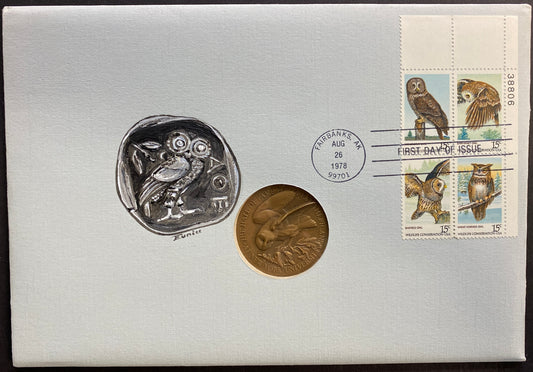 #1763A PB of 4 American Owls Hand Painted Jonal PNC cachet First Day cover with High Relief Medal insert
