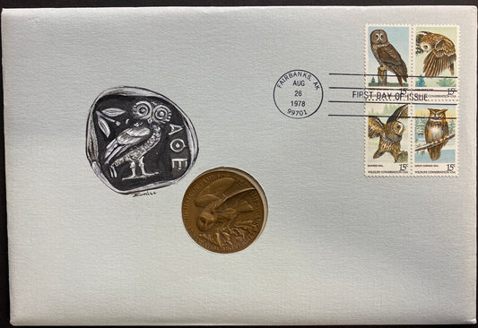 #1763A American Owls Hand Painted Jonal PNC cachet First Day cover with High Relief Medal insert