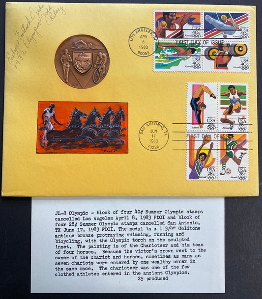 1983 Olympics combo Hand Painted Jonal PNC cachet First Day cover with High Relief Medal insert Signed by Evelyn Ojeda gold medalist