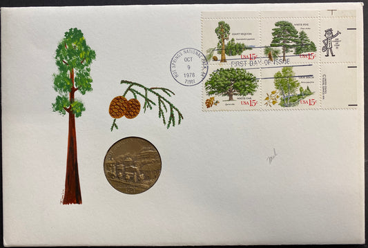 #1767A Zip block of 4 American Trees Hand Painted Jonal PNC cachet First Day cover with Medal insert