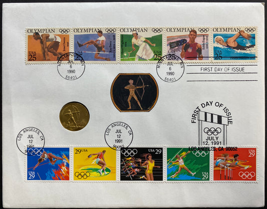 #2500A & #2553-7 Olympic Games combo Hand Painted Jonal PNC cachet First Day cover with Archer Medal insert very few made