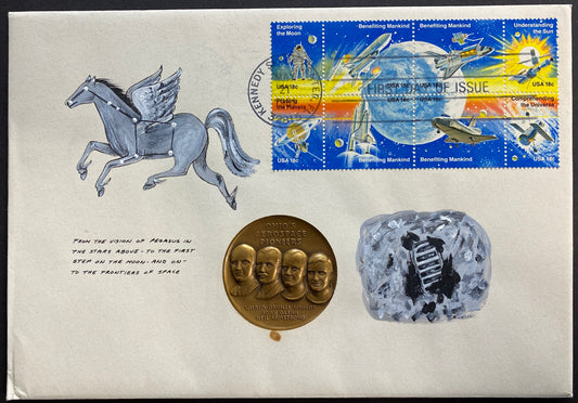 #1912-1919 Space Achievement Hand Painted Jonal PNC cachet First Day cover with Astronaut High Relief medal insert