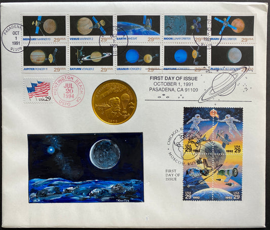 #2568-77 & #2634A Space Exploration & Accomplishments combo Hand Painted Jonal PNC cachet First Day cover with Bronze medal insert 1972 Jules Verne