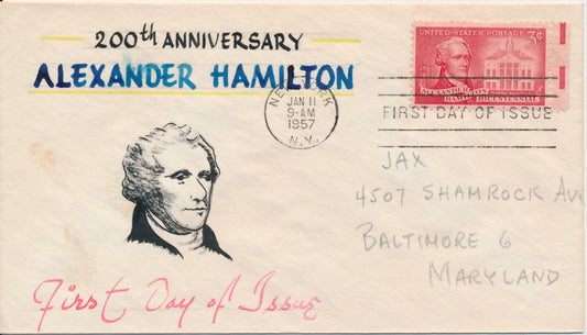 #1086 Alexander Hamilton Hand Painted JAX of the Period cachet First Day cover