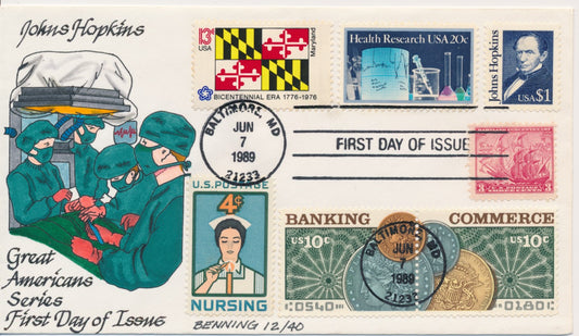 #2194 $1 Johns Hopkins Hand Painted Russ Benning cachet First Day cover Combo only 40 made