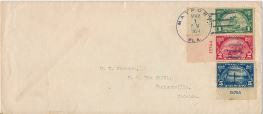 #614-616 PL#s Huguenot WalloonFirst Day cover Mayport Florida U/O cancel 5/1/1924 all three stamps with plate numbers very fine