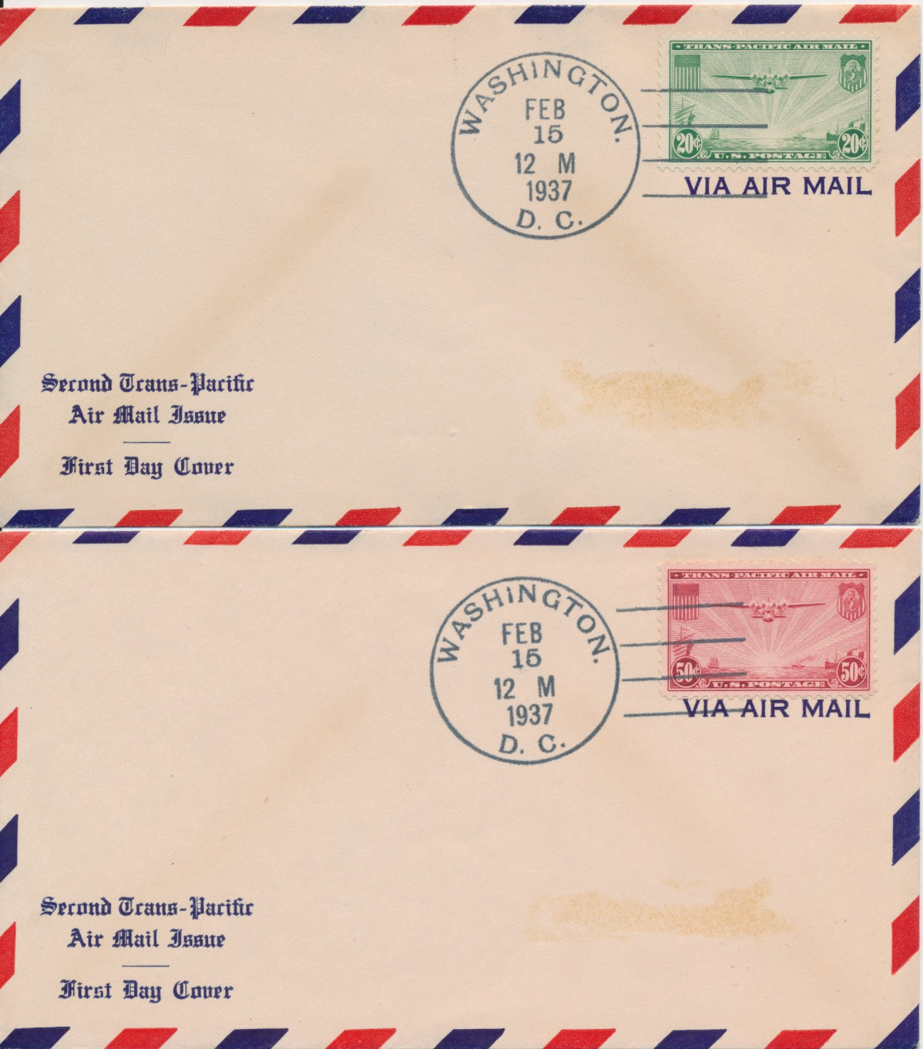 #C21-22-34 20-50c Trans-Pacific Air Mail set of 2 Unknown cachet First Day covers
