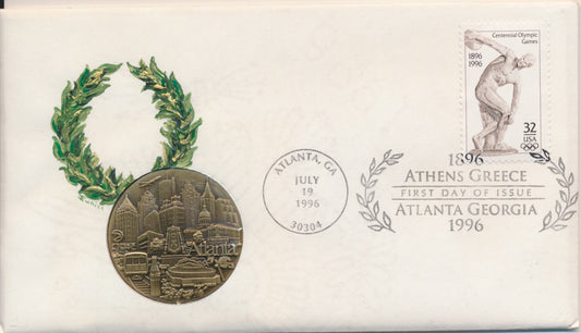 #3087 1996 Olympic Games Centennial Hand Painted Jonal PNC cachet First Day cover with Atlanta Georgia medal insert