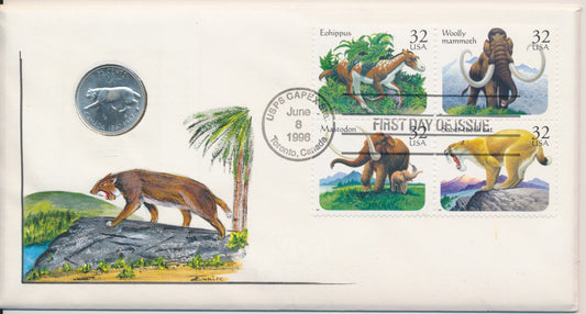 #3077-80 Prehistoric Animals Hand Painted Jonal PNC cachet First Day cover with 25c Canada quarter Saber Tooth cat