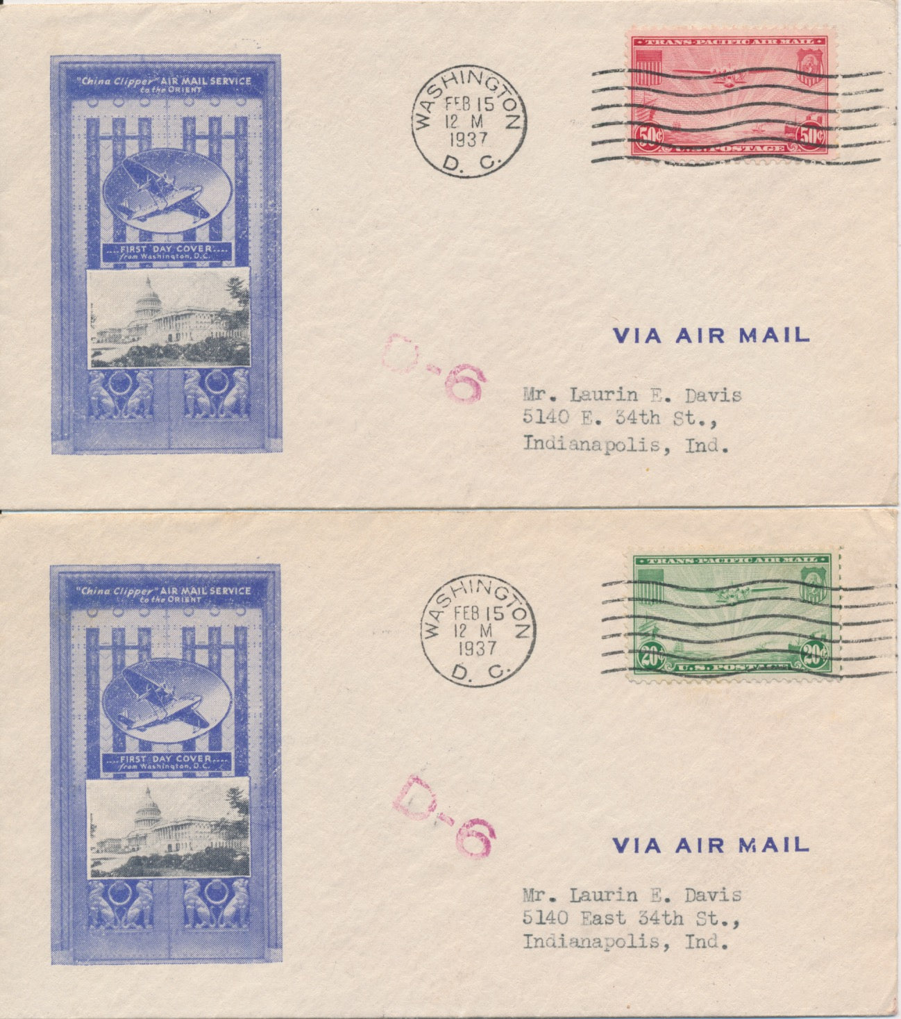 #C21-22 20 & 50c Trans-Pacific Air Mail set of 2 Ioor cachet First Day covers variety #2