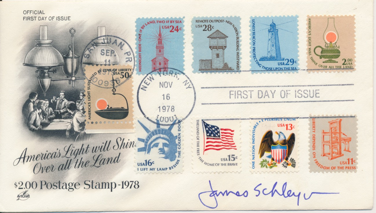 #1608 & #1611+ $2 BL of 4 Kerosene Lamp 9 stamp combo Artcraft cachet signed by Stamp Designer James Schleyer