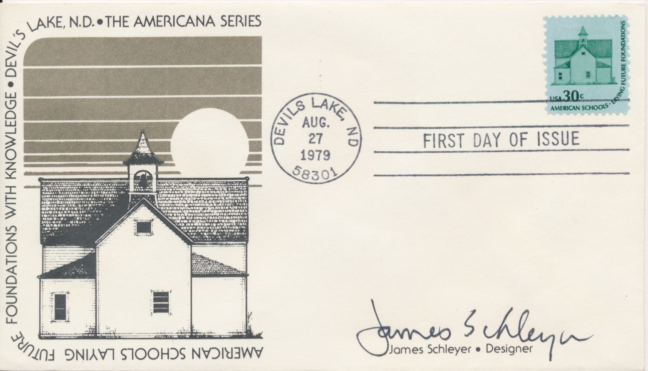 #1606 30c American Schools James Schleyer cachet First Day cover autographed by stamp designer