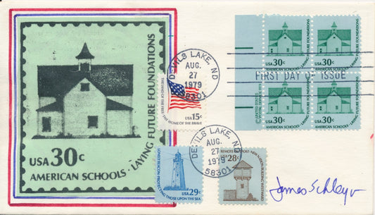 #1606 combo Block of 4 30c American Schools Stick on Colored boarder cachet First Day cover autographed by Stamp Designer James Schleyer variety #4