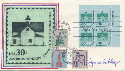 #1606 Zip BL of 4 30c American Schools Stick on Colored cachet First Day cover autographed by Stamp Designer James Schleyer variety