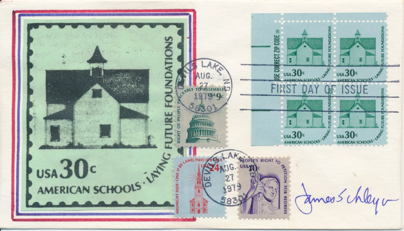 #1606 Zip BL of 4 30c American Schools Stick on Colored cachet First Day cover autographed by Stamp Designer James Schleyer variety