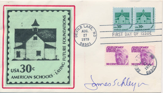 #1606 pair combo John Dewey 30c American Schools Drawn Border cachet First Day cover autographed by Stamp Designer James Schleyer variety