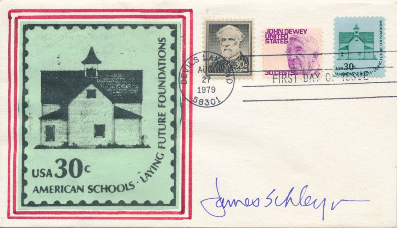 #1606 combo John Dewey & Robert E. Lee singles 30c American Schools Drawn Border cachet First Day cover autographed by Stamp Designer James Schleyer variety