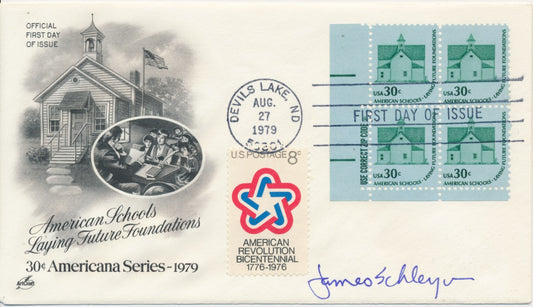 #1606 Zip code PB of 4 combo 30c American Schools Artcraft cachet First Day cover autographed by Stamp Designer James Schleyer