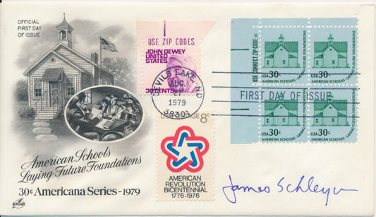 #1606 Zip code PB of 4 John Dewey combo 30c American Schools Artcraft cachet First Day cover autographed by Stamp Designer James Schleyer