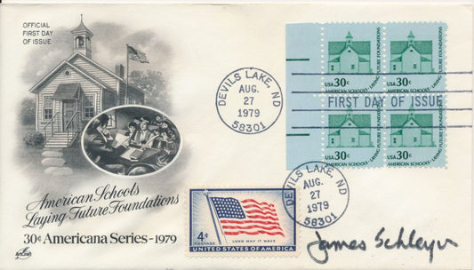 #1606 Flag BL of 4 combo 30c American Schools Artcraft cachet First Day cover autographed by Stamp Designer James Schleyer