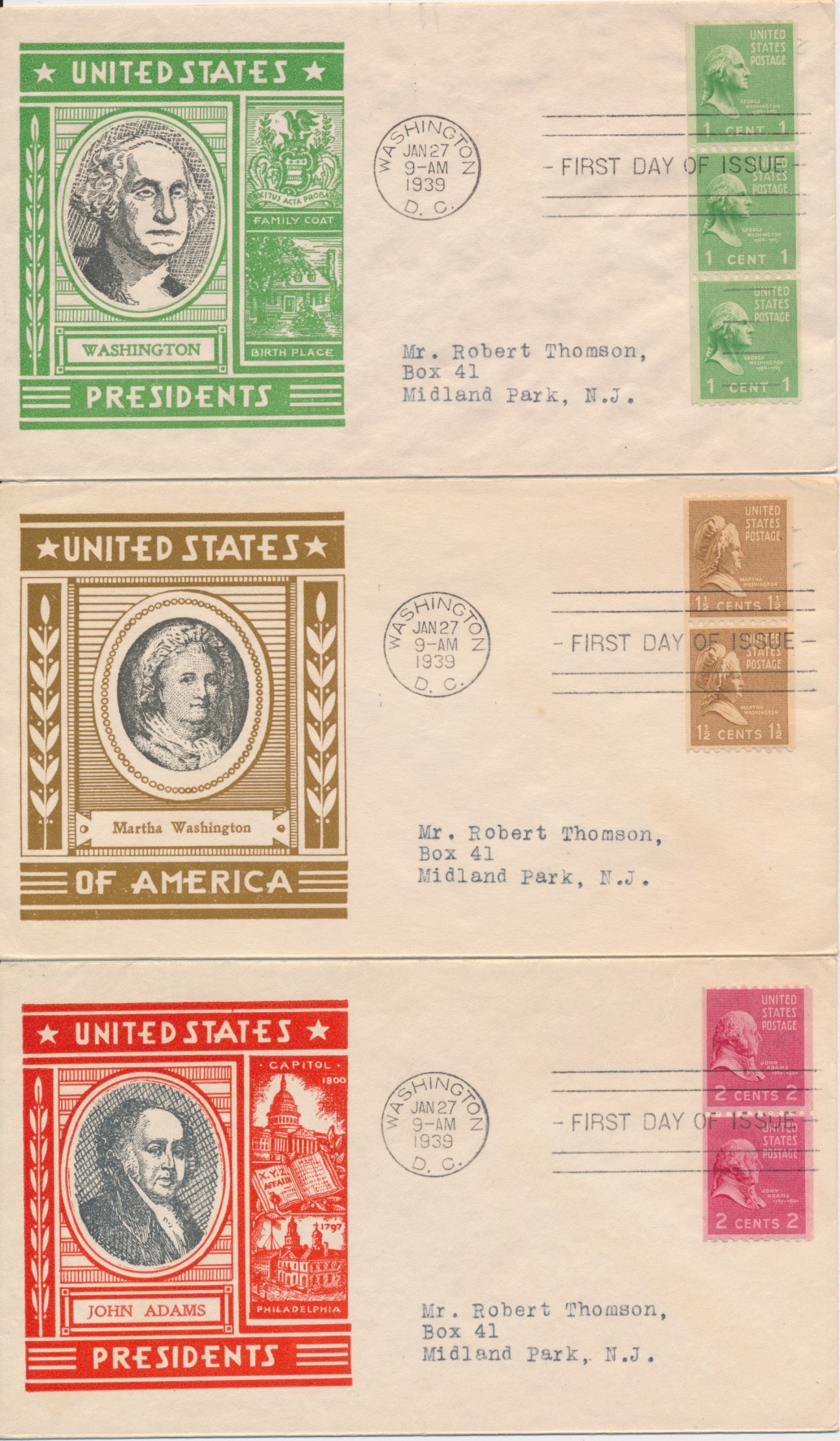 #848-851 Presidential coils 1/27/1939 set of 4 Staehle cachet First Day covers